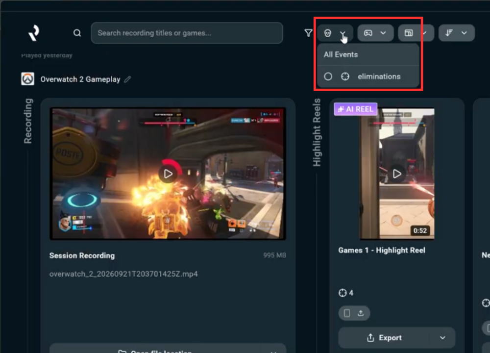 Searching for clips with eliminations in Replay